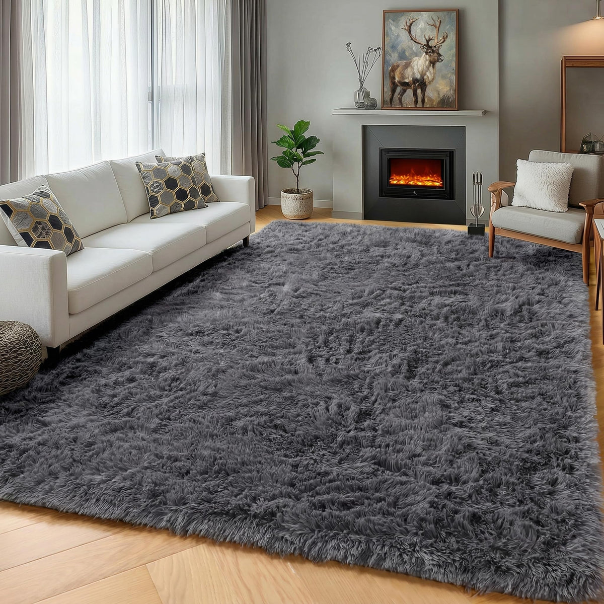 Area Rugs for Living Room Bedroom, 5x8 Fluffy Tie-Dyed Light Grey Shag Rug