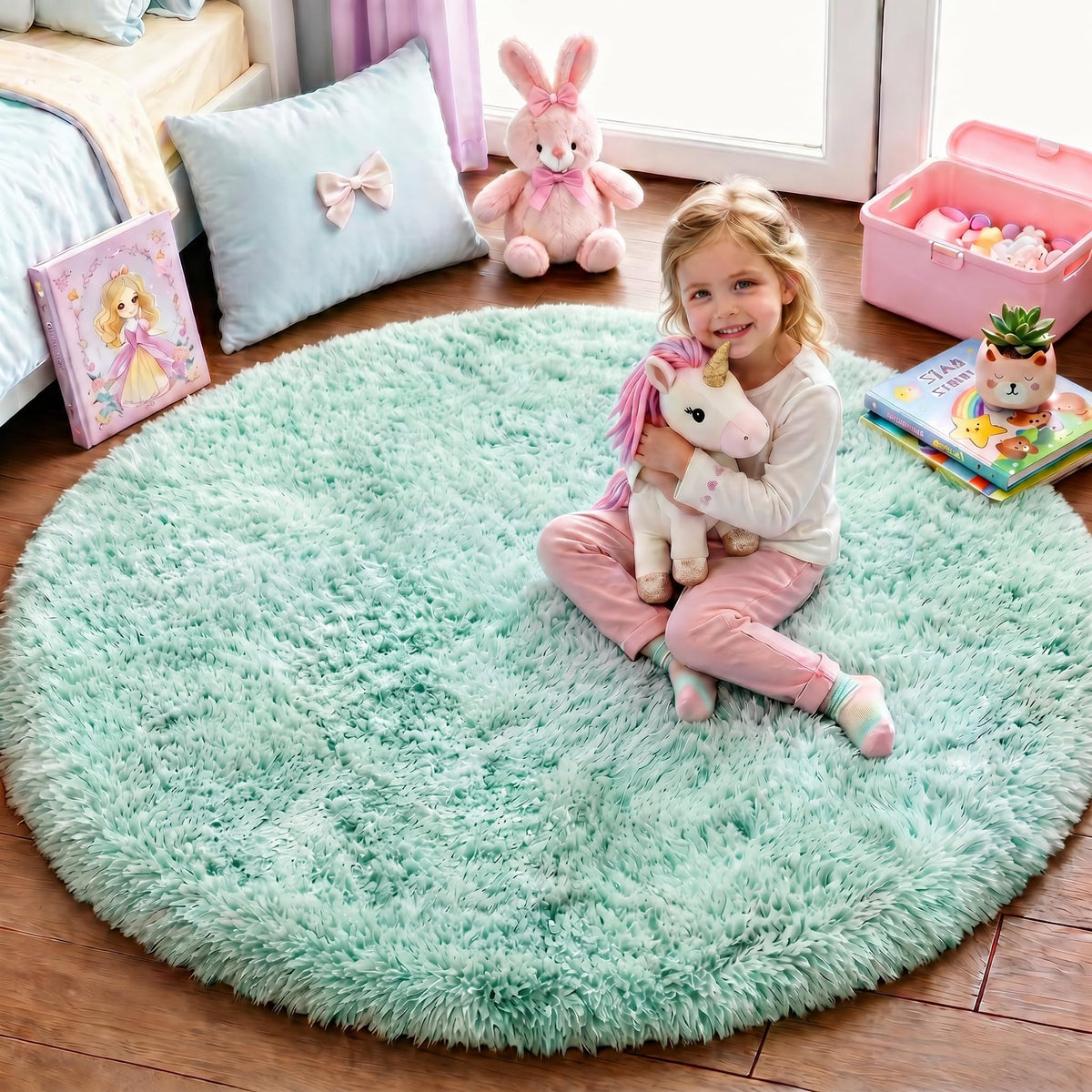 Pink Round Rug for Girls Bedroom 4Ft, Fluffy Shaggy Fuzzy Circle Area Rugs