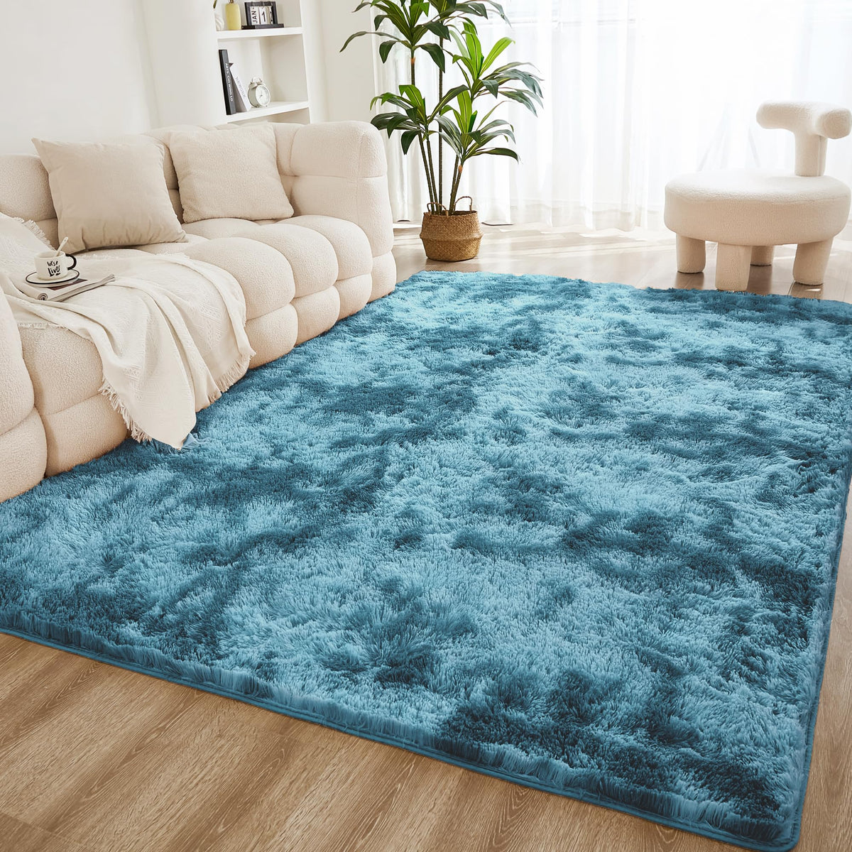 Litanika 5x8 Shag Area Rug for Bedroom, Tie-Dyed Beige Plush Rug