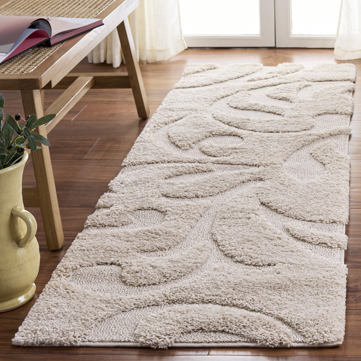 SAFAVIEH Florida Shag Collection Area Rug - 8'6" x 12', Creme & Creme, Scroll Design, Non-Shedding & Easy Care, 1.2-inch Thick Ideal for High Traffic Areas in Living Room, Bedroom (SG468-1111)