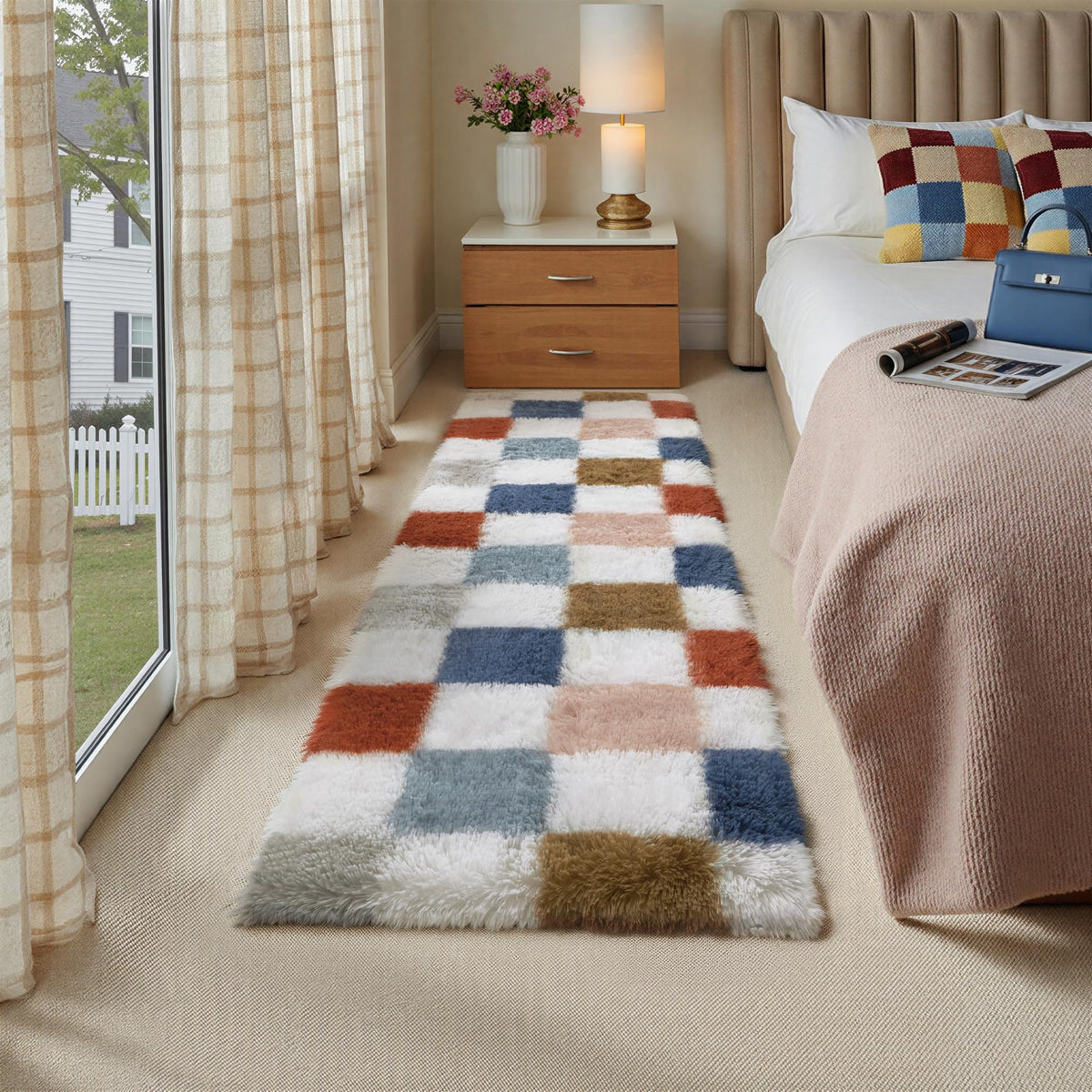 PureCozy Beige 8x10 Area Rug for Living Room Soft Checkered Shag Carpet