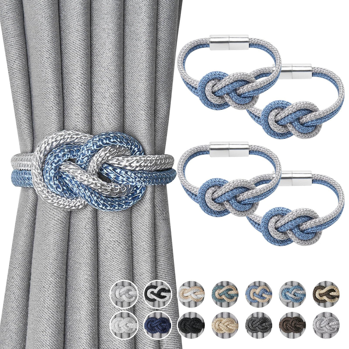 NICEEC 2 Pack Mini Magnetic Curtain Tiebacks Nordic Simple Style Drape Tie Backs Elegant Hand Weave Rope Knot Decorative Curtain Holdbacks for Home & Office Thin Window Drapery (Silver Grey)