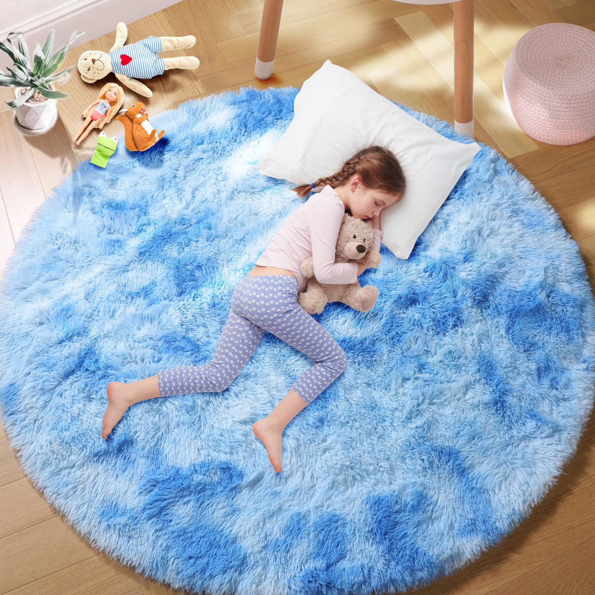 Pink Round Rug for Girls Bedroom 4Ft, Fluffy Shaggy Fuzzy Circle Area Rugs