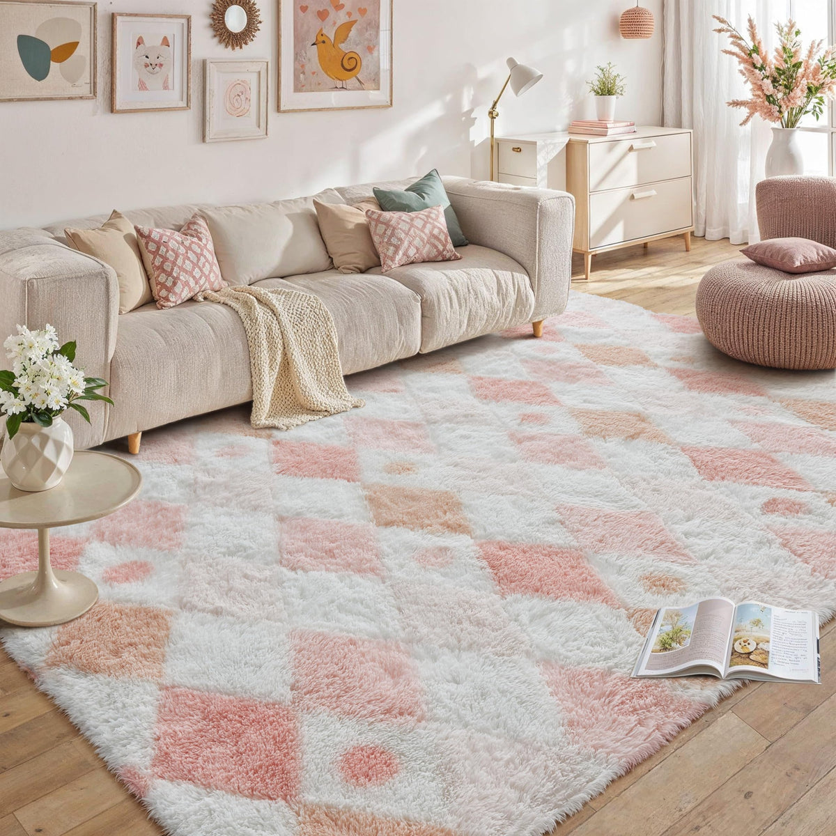 PureCozy Beige 8x10 Area Rug for Living Room Soft Checkered Shag Carpet