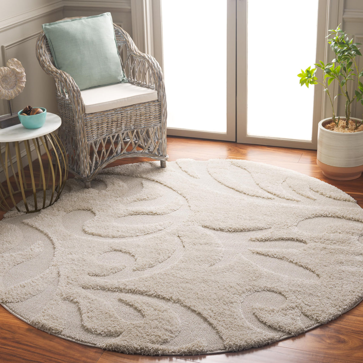 SAFAVIEH Florida Shag Collection Area Rug - 8'6" x 12', Creme & Creme, Scroll Design, Non-Shedding & Easy Care, 1.2-inch Thick Ideal for High Traffic Areas in Living Room, Bedroom (SG468-1111)