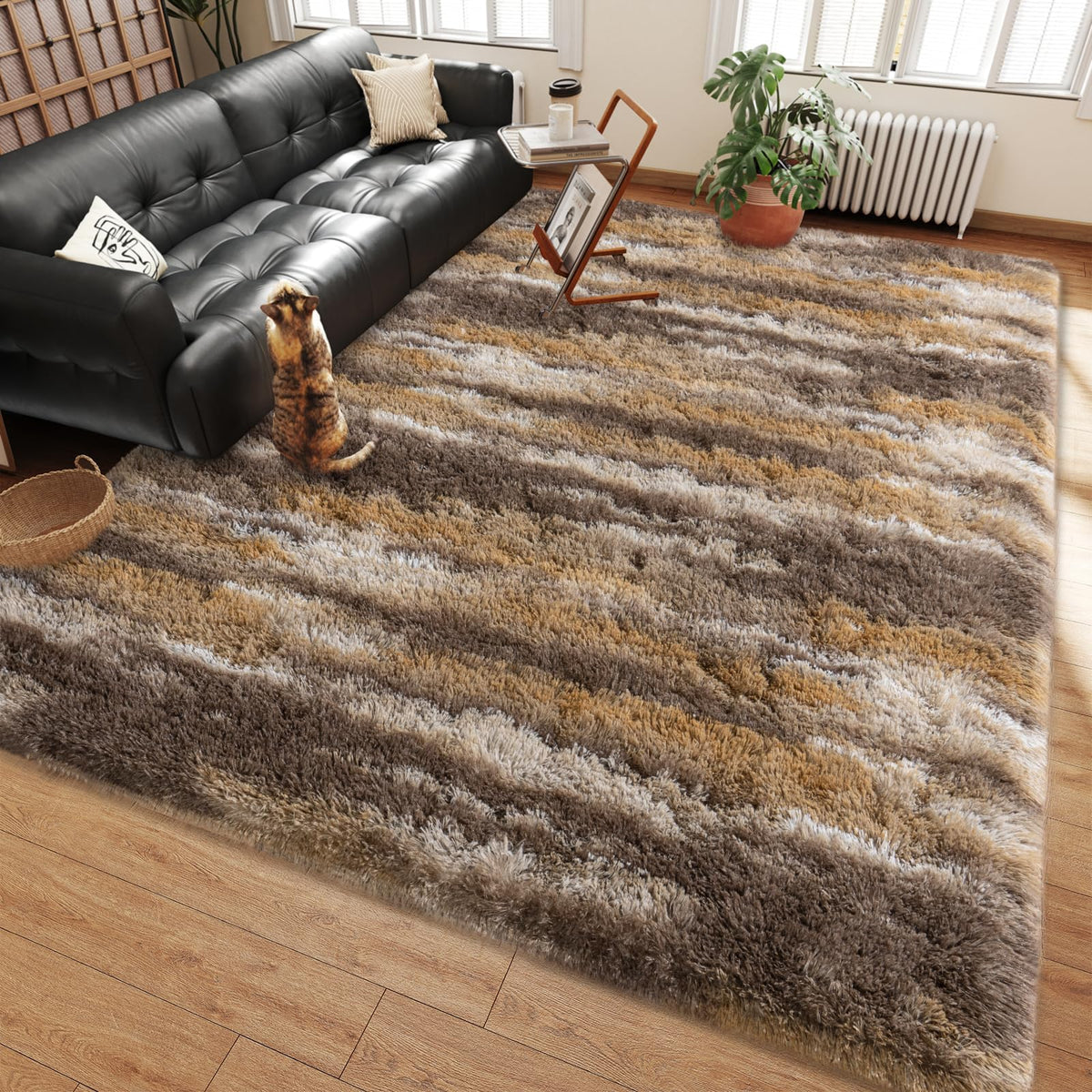 8x10 Large Shag Rugs for Living Room, Washable Abstract Grey