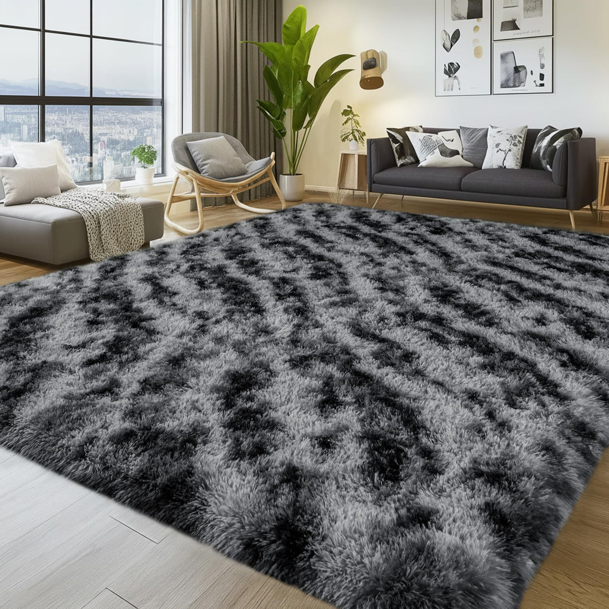 Large 8x10 Area Rugs for Living Room, Tie-Dyed Yellow Soft Shag Rug