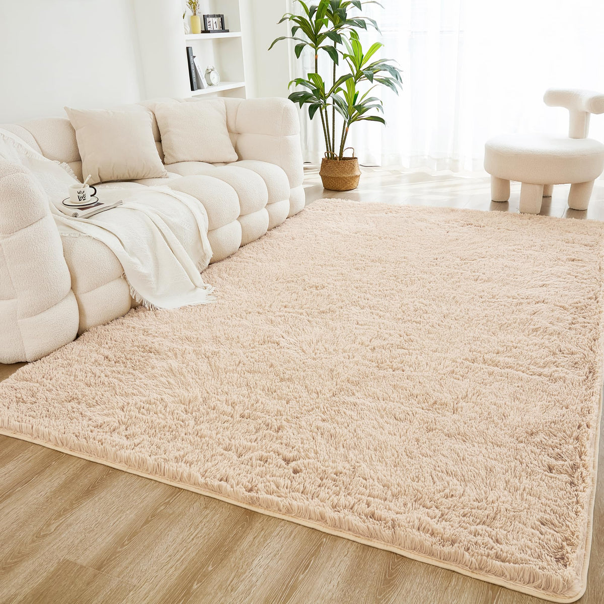Litanika 5x8 Shag Area Rug for Bedroom, Tie-Dyed Beige Plush Rug