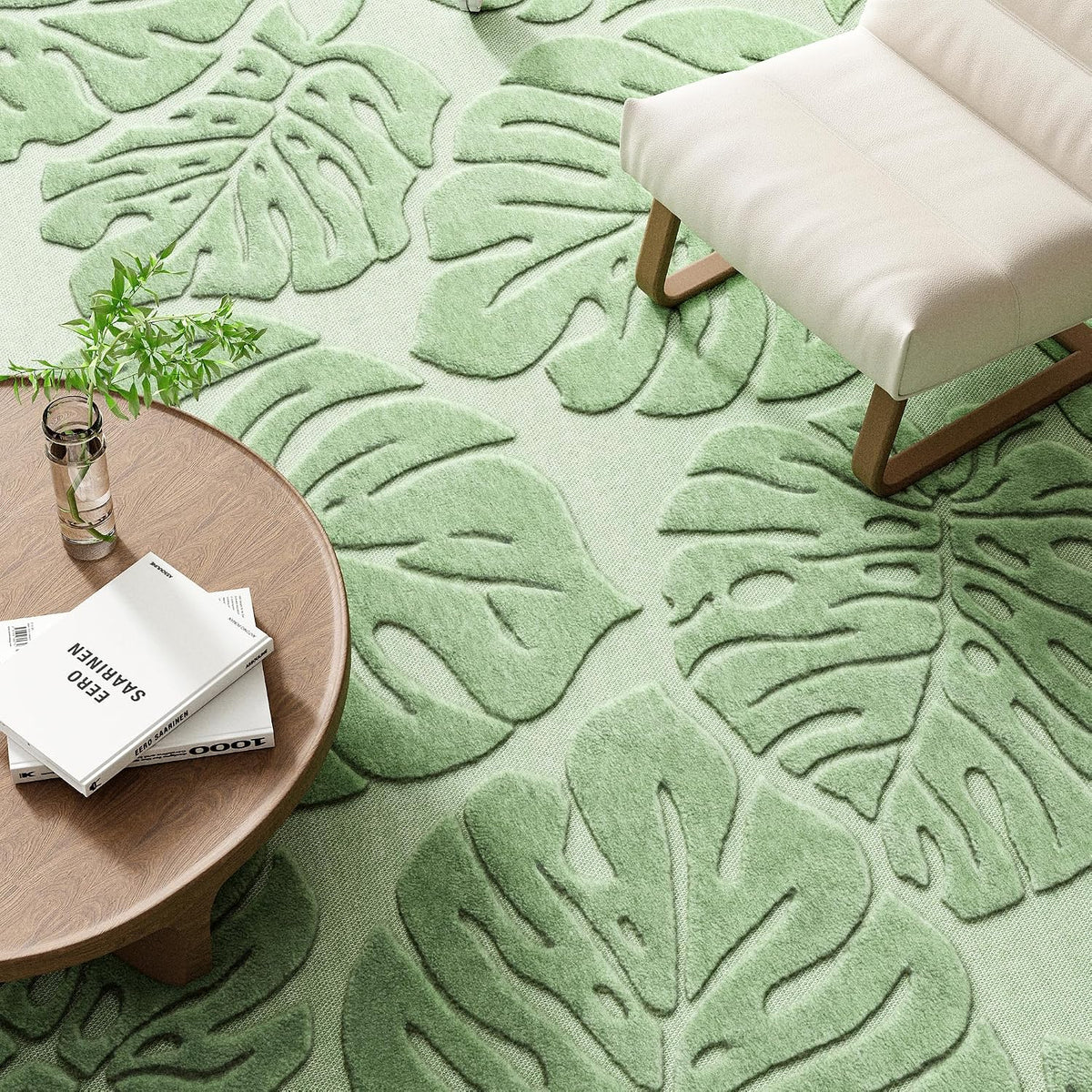 Arenarug Sage Green Monstera 5x7 Area Rugs High-Low Plush Pile Washable