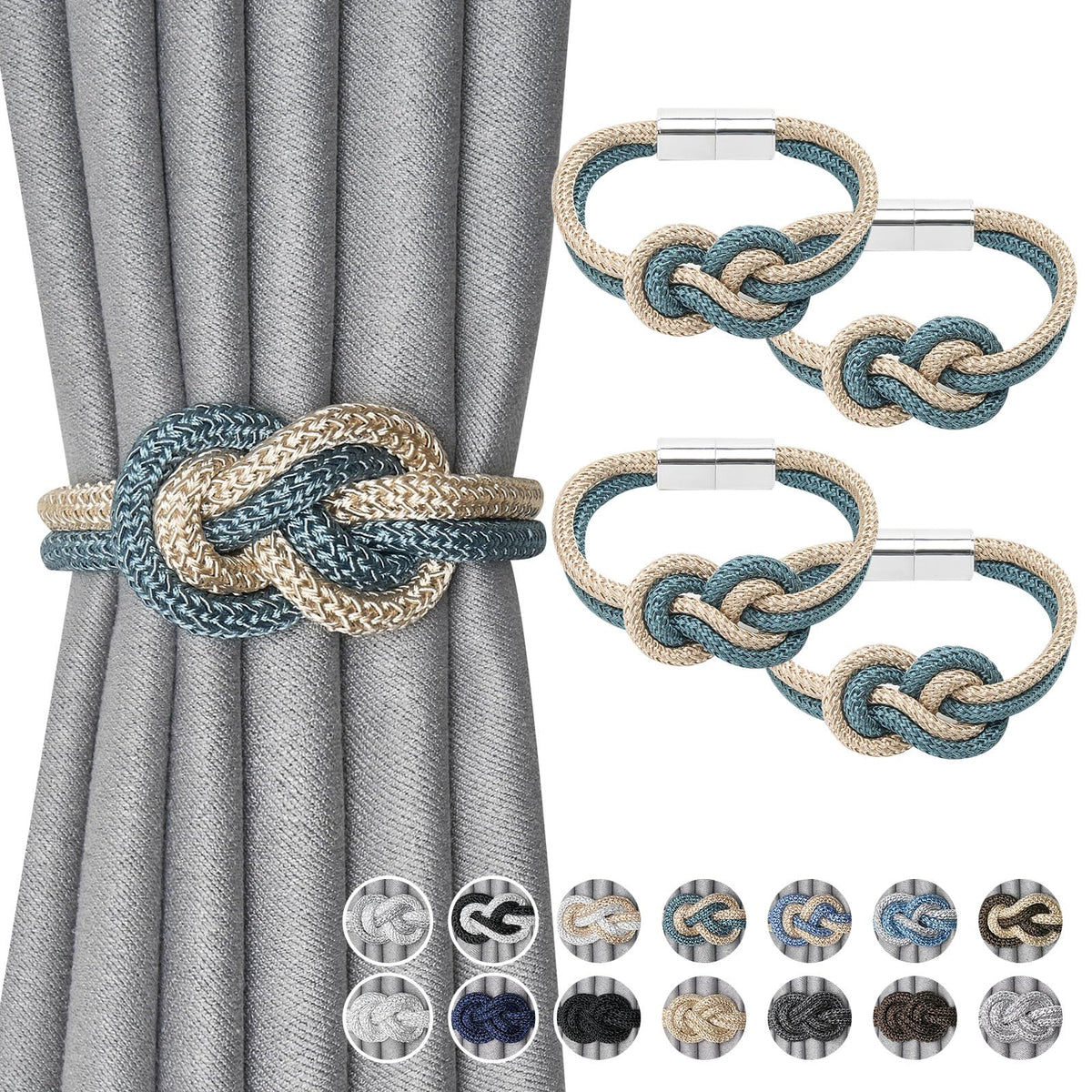 NICEEC 2 Pack Mini Magnetic Curtain Tiebacks Nordic Simple Style Drape Tie Backs Elegant Hand Weave Rope Knot Decorative Curtain Holdbacks for Home & Office Thin Window Drapery (Silver Grey)