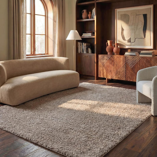 SAFAVIEH Area Rug 8x10 - Athens Shag Collection - Large - Beige, Non-Shedding & Easy to Clean, Ideal for Living Room, Bedroom, Dining Space (SGA119G)