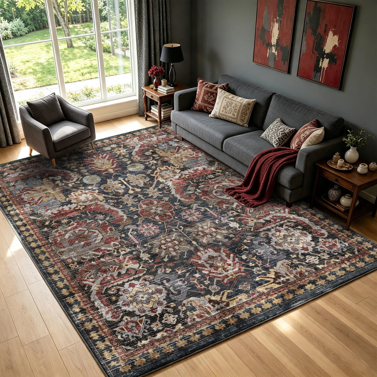 RUGSURE Washable Area Rugs 9' x 12' - 1/6 Thick - Moroccan-Inspired -Stain & Water Resistant Non-Slip - Resistant Rug for Living Room, Bedroom, Nursery, Pet & Child Friendly (Blue and Brown)