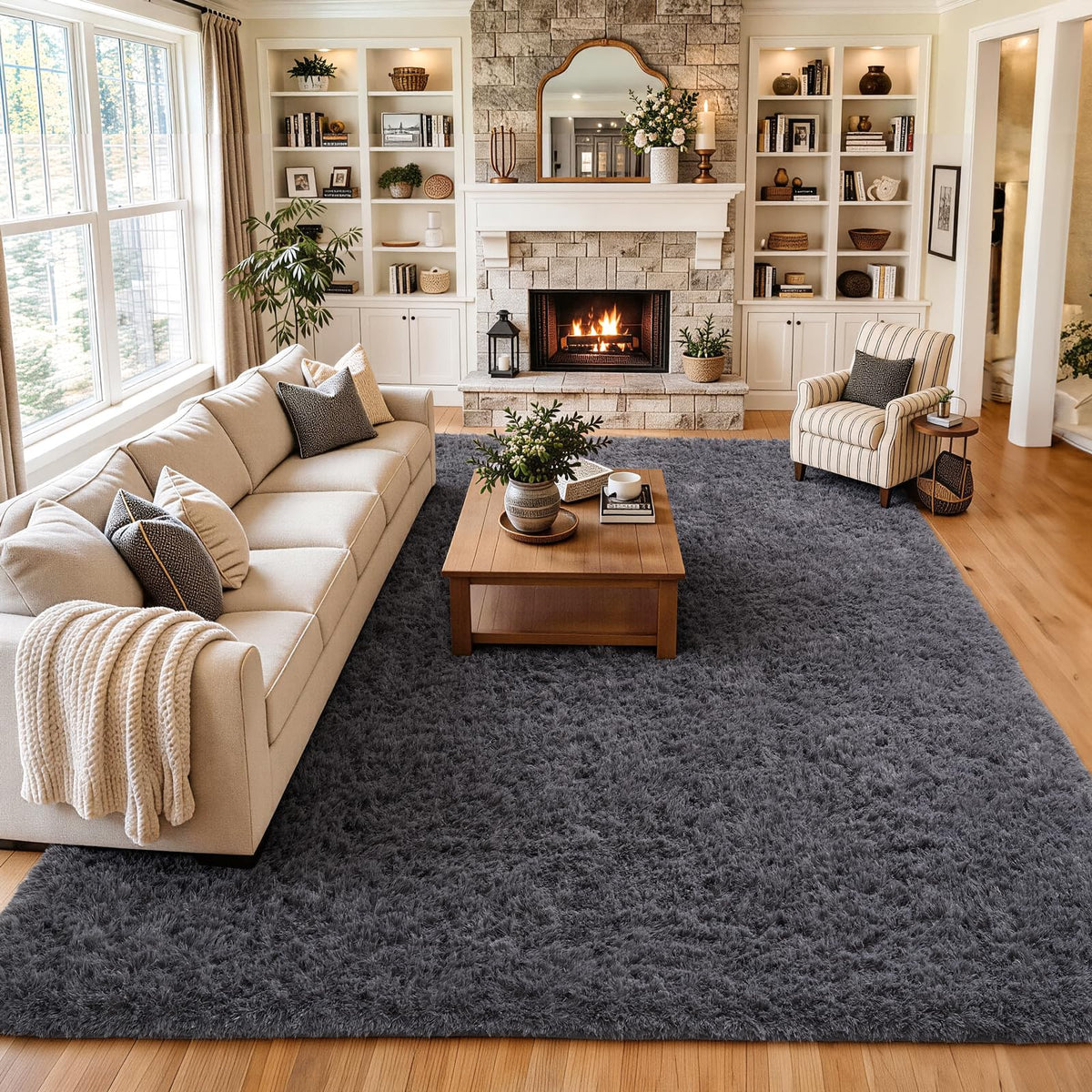 Ophanie 8x10 Area Rugs for Living Room, Washable Non-Slip Fluffy Soft Large Shag Bedroom Carpet, Ivory Big Indoor Nursery Rug, Carpets for Boy and Girls Room Dorm Decor with Over 99 pcs Pile fibers