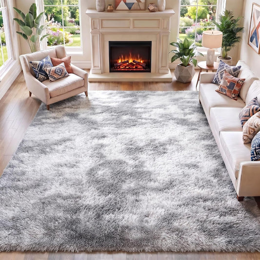 Area Rugs for Living Room Bedroom, 5x8 Fluffy Tie-Dyed Light Grey Shag Rug