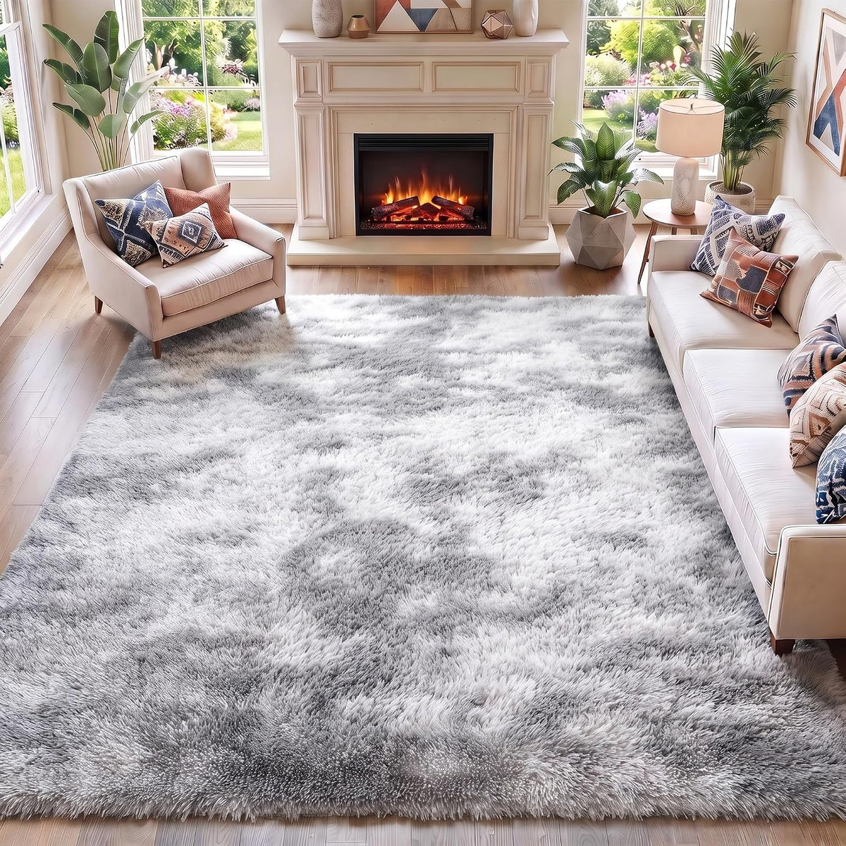 Area Rugs for Living Room Bedroom, 5x8 Fluffy Tie-Dyed Light Grey Shag Rug