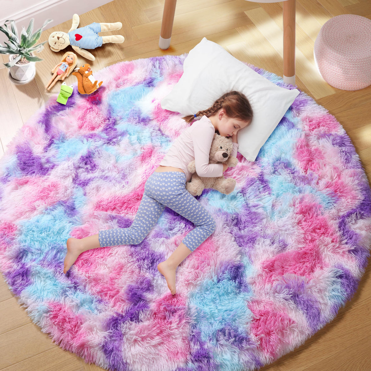 Pink Round Rug for Girls Bedroom 4Ft, Fluffy Shaggy Fuzzy Circle Area Rugs