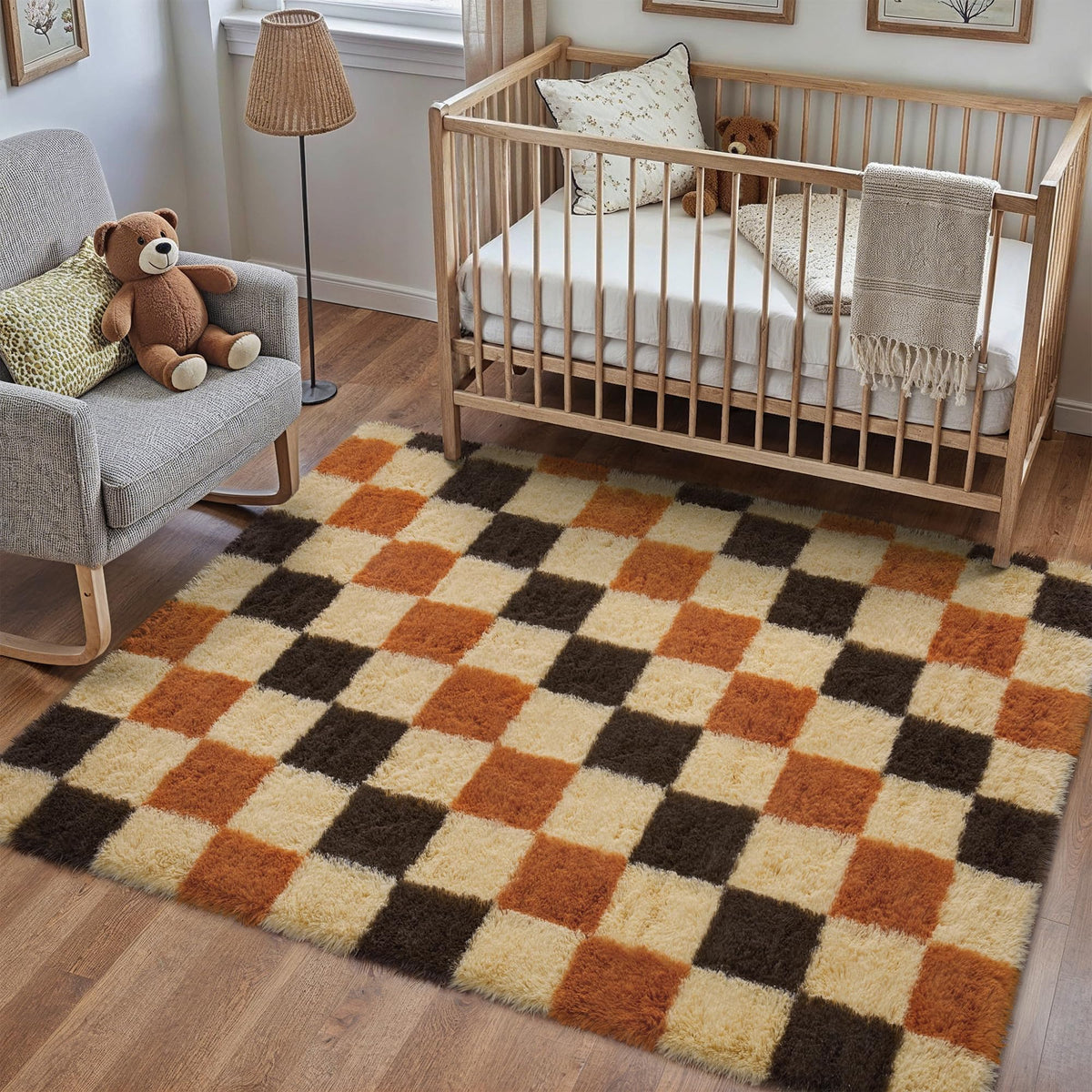 PureCozy Beige 8x10 Area Rug for Living Room Soft Checkered Shag Carpet