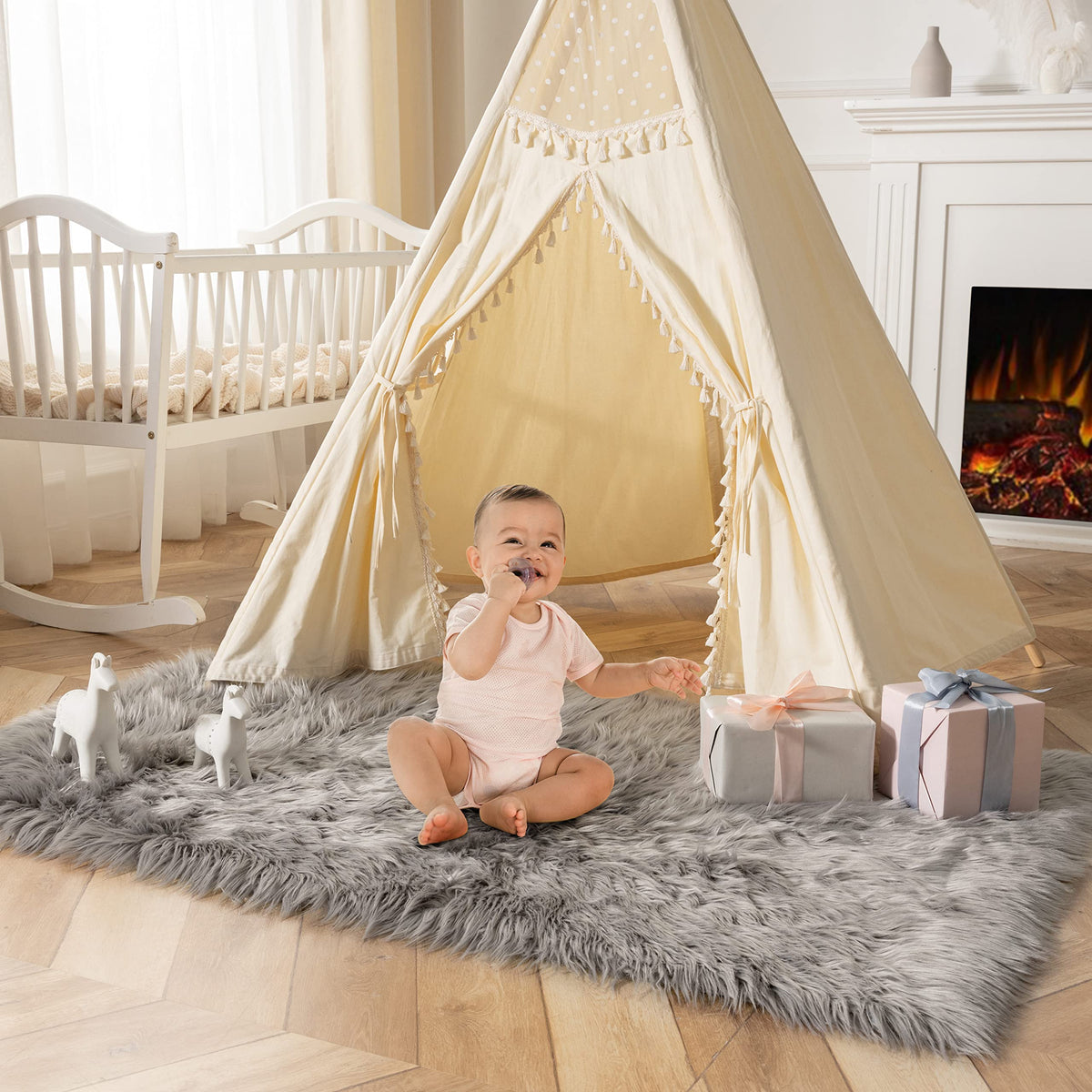 Ashler Faux Fur Rug, White, 2 x 6 Ft, Machine Washable