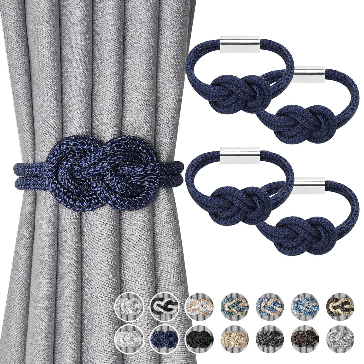 NICEEC 2 Pack Mini Magnetic Curtain Tiebacks Nordic Simple Style Drape Tie Backs Elegant Hand Weave Rope Knot Decorative Curtain Holdbacks for Home & Office Thin Window Drapery (Silver Grey)