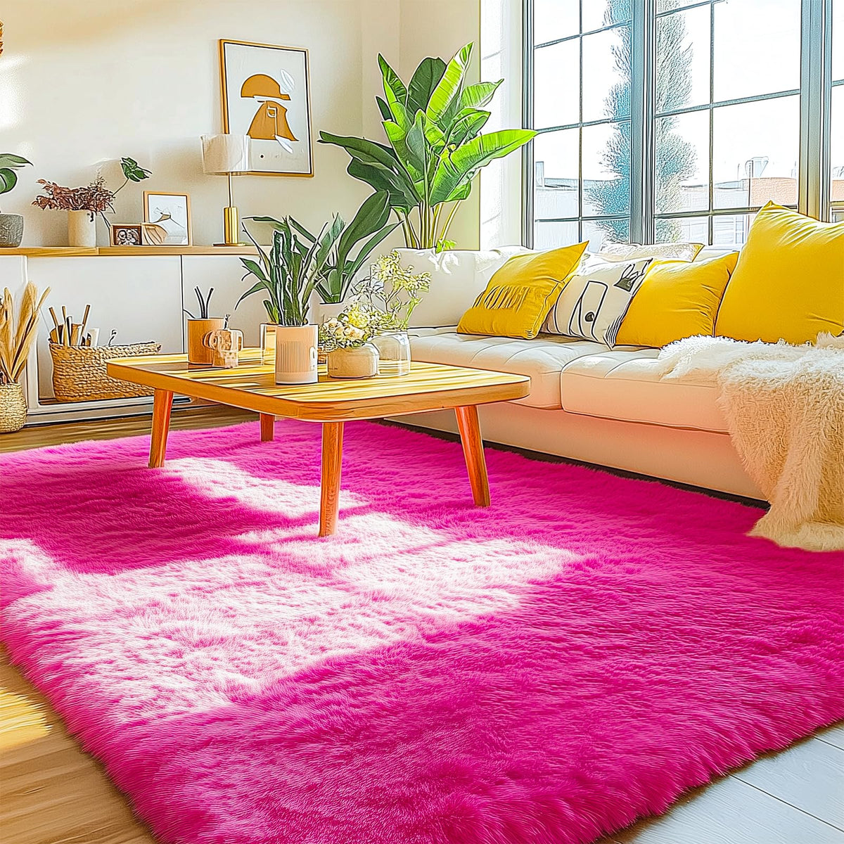 9x12 Large Shag Rugs for Living Room, Washable Abstract Blue Yellow