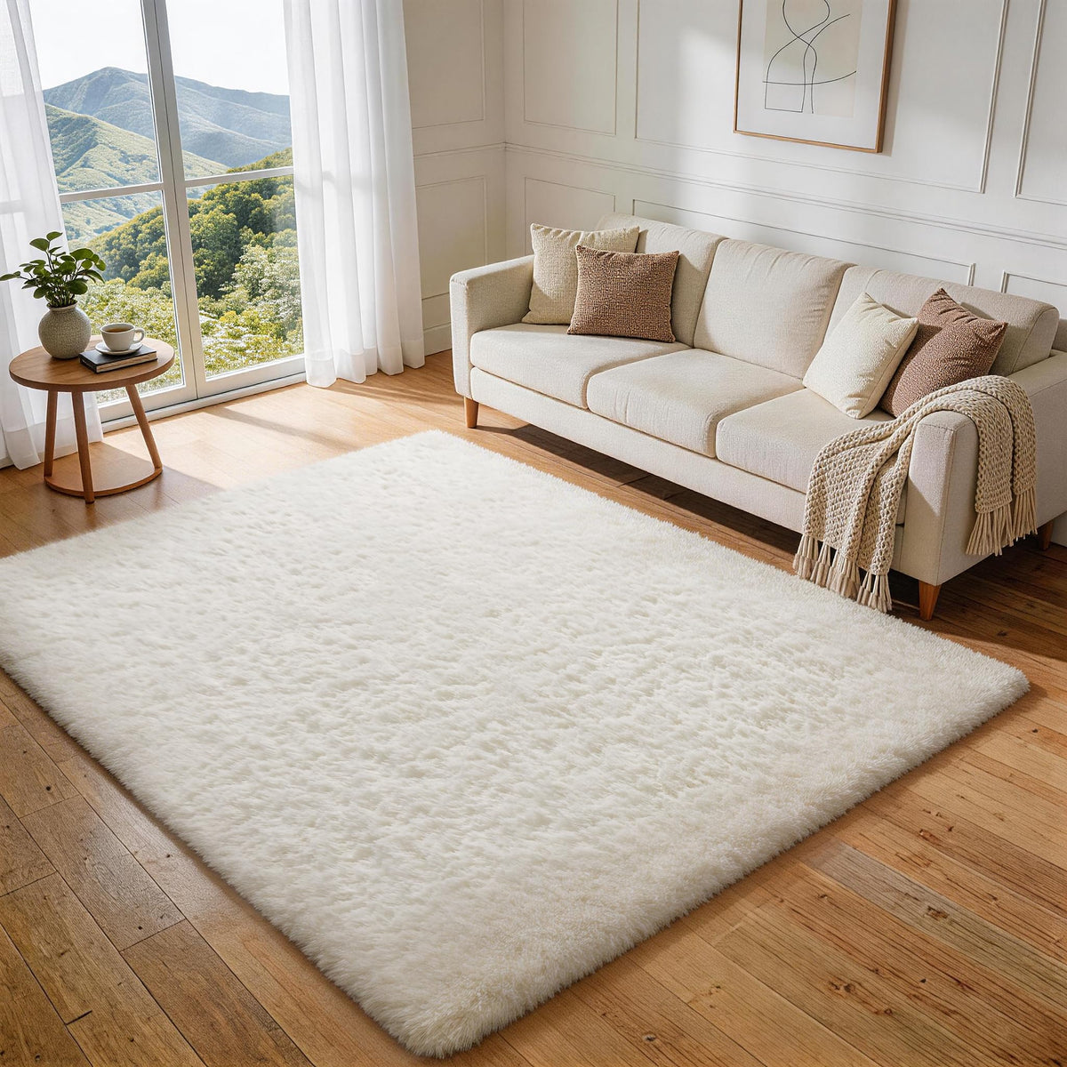 Ophanie 8x10 Area Rugs for Living Room, Washable Non-Slip Fluffy Soft Large Shag Bedroom Carpet, Ivory Big Indoor Nursery Rug, Carpets for Boy and Girls Room Dorm Decor with Over 99 pcs Pile fibers