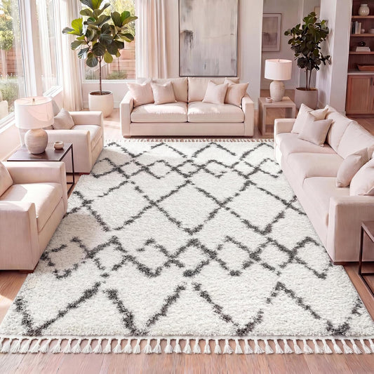 JONATHAN Y Mercer Shag Plush Tassel Ivory/Gray Indoor Area Rug, 8x10, Moroccan Geometric Trellis, Contemporary, Easy-Cleaning for Living Room, Bedroom, Kitchen, Pet Friendly, Non-Shedding (MCR102B-8)