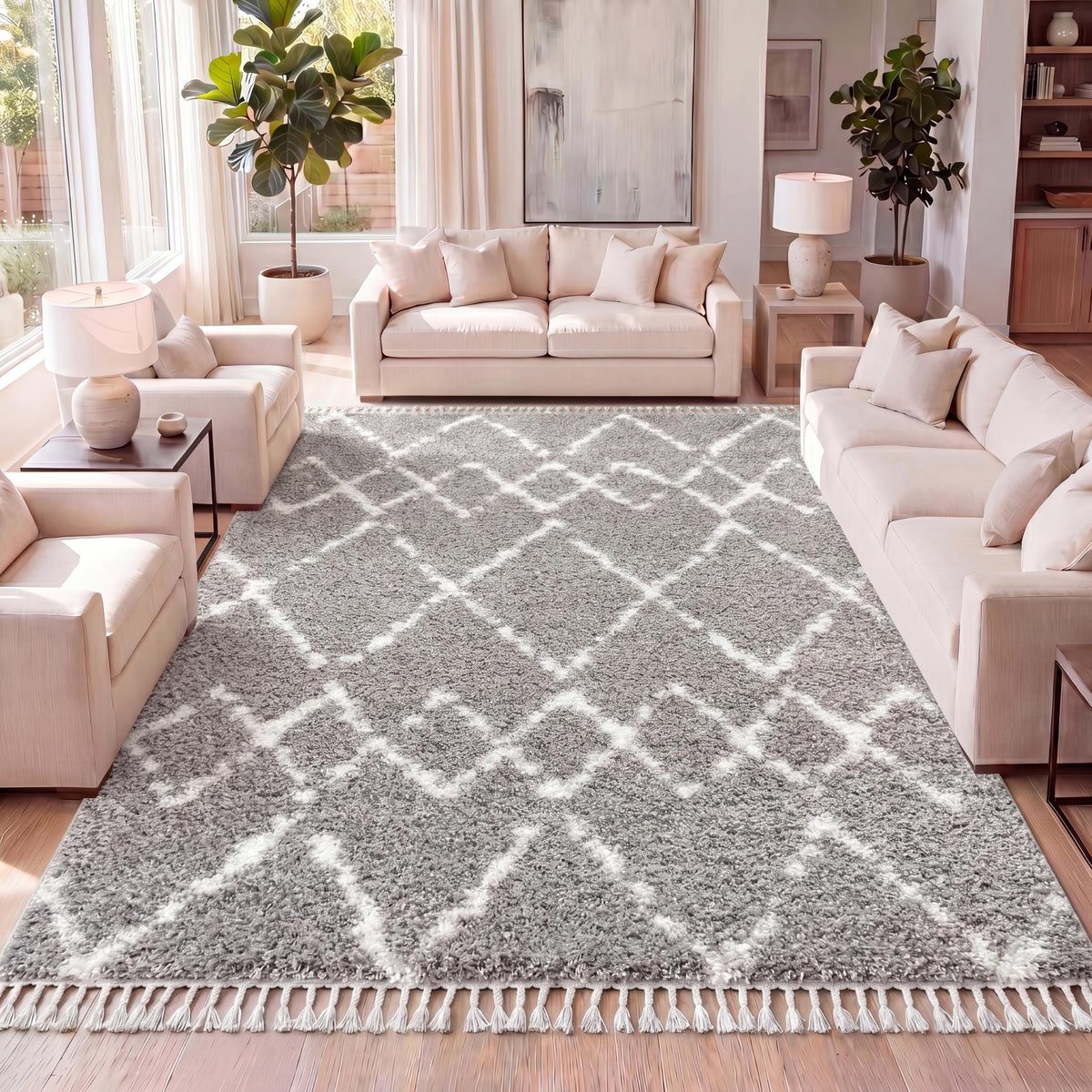 JONATHAN Y Mercer Shag Plush Tassel Ivory/Gray Indoor Area Rug, 8x10, Moroccan Geometric Trellis, Contemporary, Easy-Cleaning for Living Room, Bedroom, Kitchen, Pet Friendly, Non-Shedding (MCR102B-8)