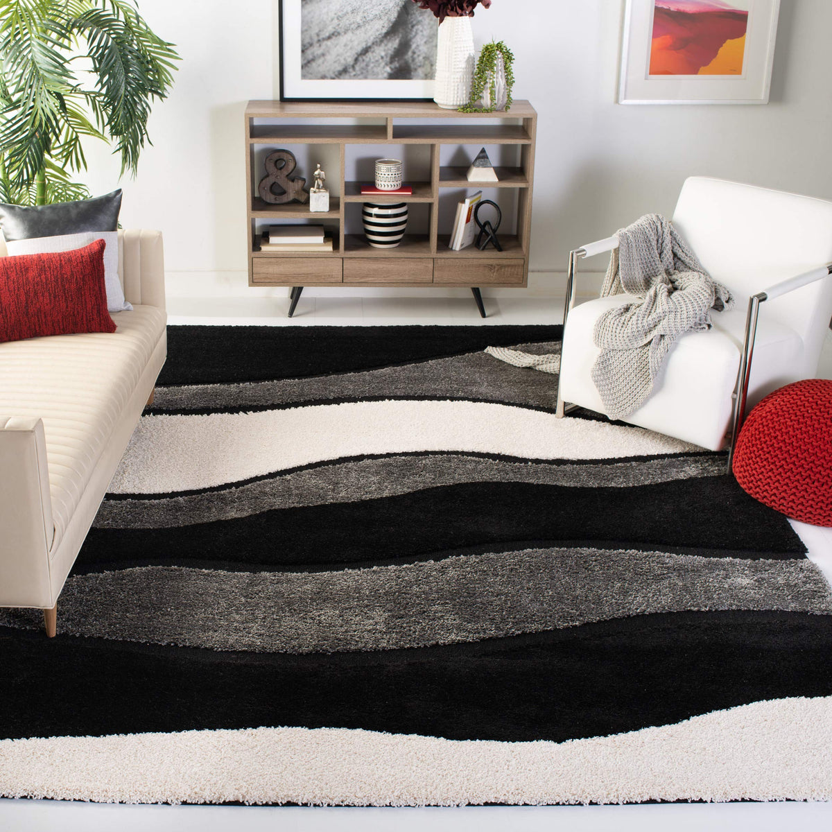 SAFAVIEH Florida Shag Collection Area Rug - 6' x 9', Ivory & Grey, Abstract Design, Non-Shedding & Easy Care, 1.2-inch Thick Ideal for High Traffic Areas in Living Room, Bedroom (SG475-1180)