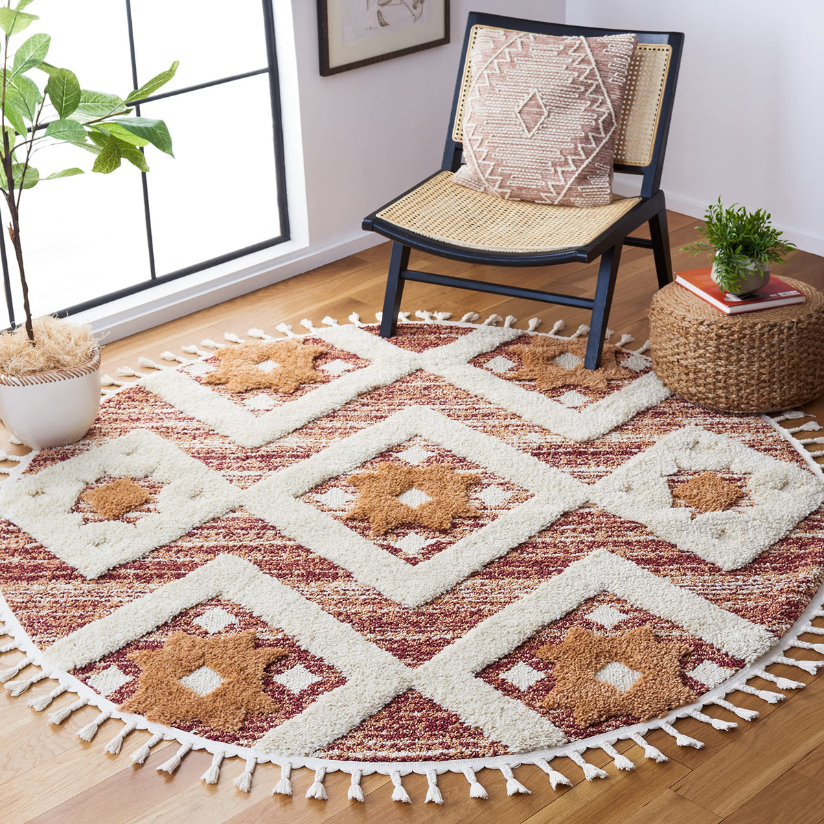 SAFAVIEH Area Rug 8x10 - Moroccan Tassel Shag Collection - Large - Rust & Ivory, Boho Design, Non-Shedding & Easy Cleaning, Plush Pile, Ideal for Living Room, Bedroom, Dining Space (MTS664P)