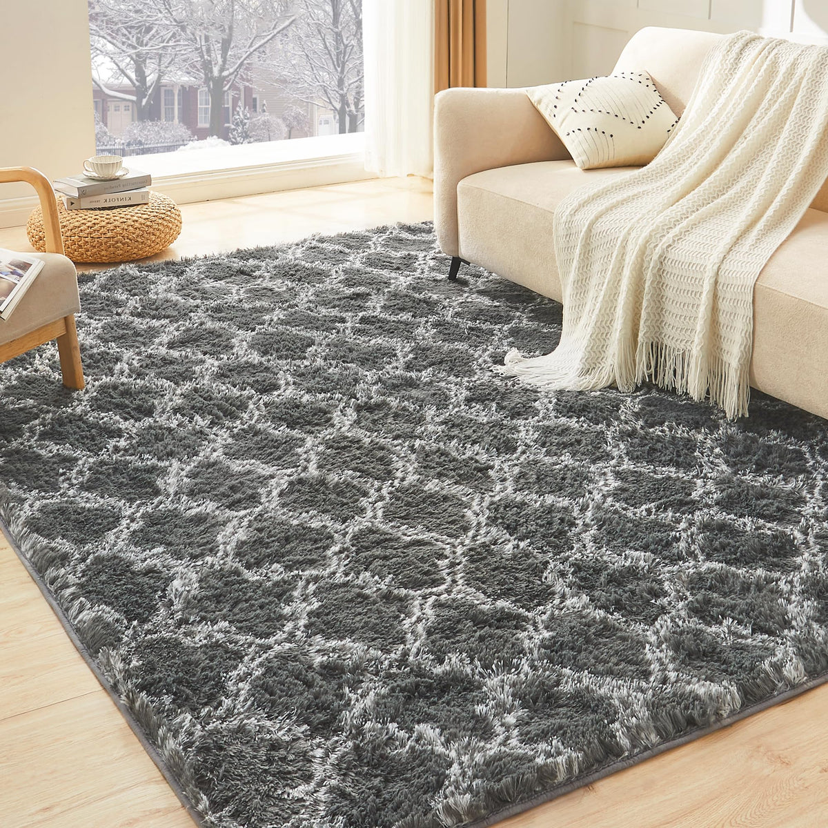 Litanika 5x8 Shag Area Rug for Bedroom, Tie-Dyed Beige Plush Rug