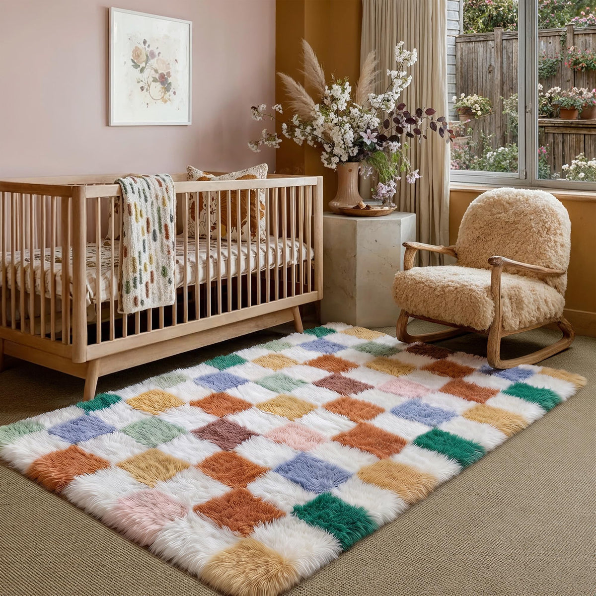 PureCozy Beige 8x10 Area Rug for Living Room Soft Checkered Shag Carpet