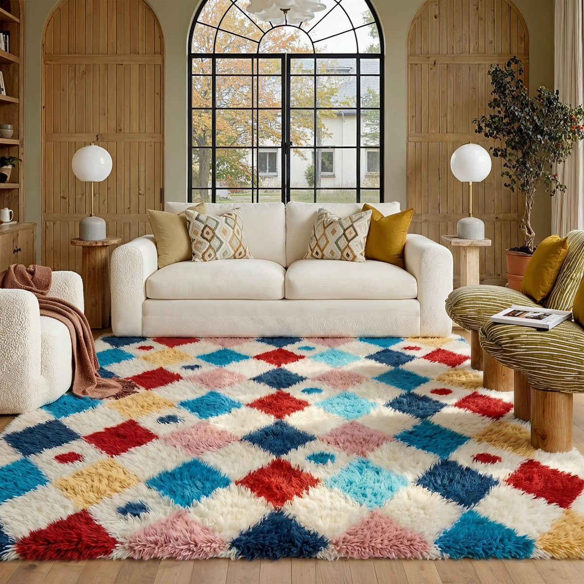 PureCozy Beige 8x10 Area Rug for Living Room Soft Checkered Shag Carpet