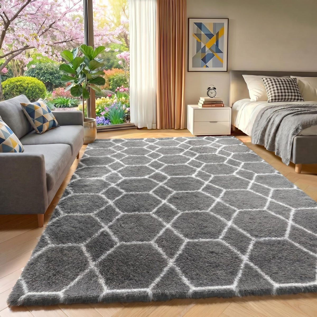 Area Rugs for Living Room Bedroom, 5x8 Fluffy Tie-Dyed Light Grey Shag Rug