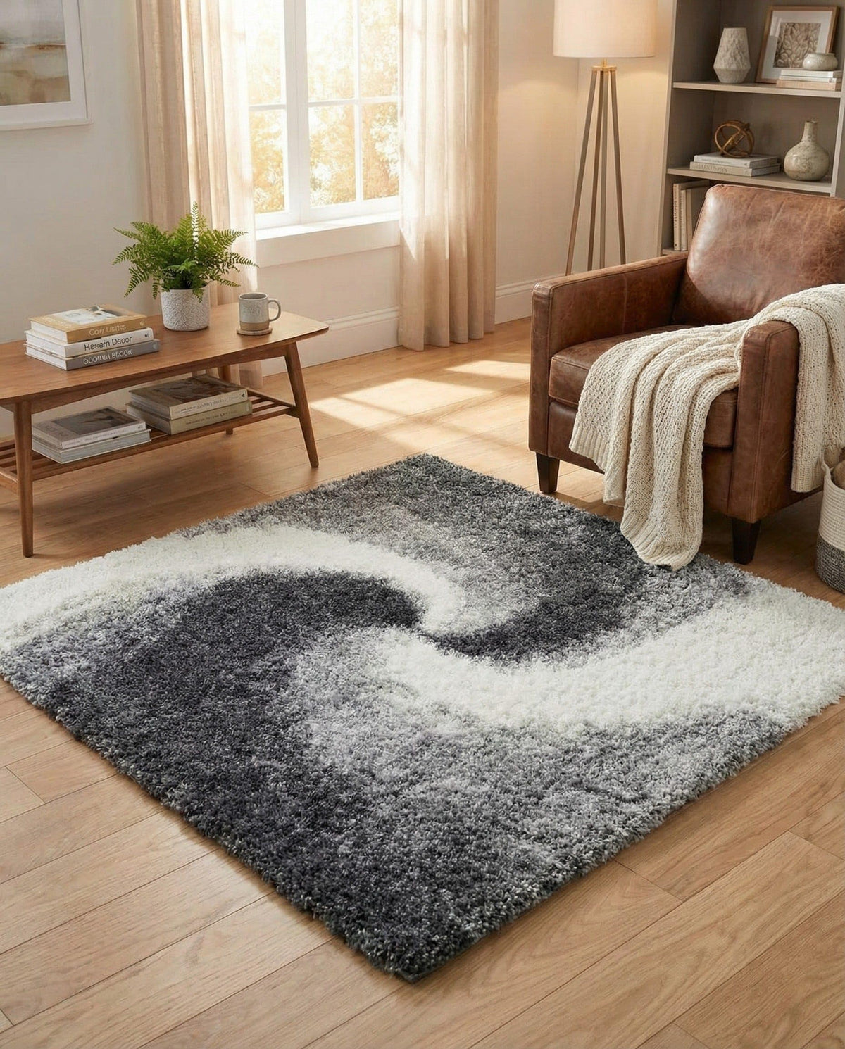 Rugs.com - Soft Touch Shag Rug – 4' 1 x 6' 1 Khaki Shag Rug – Plush Abstract Design for Bedrooms, Living Rooms, and Home Offices