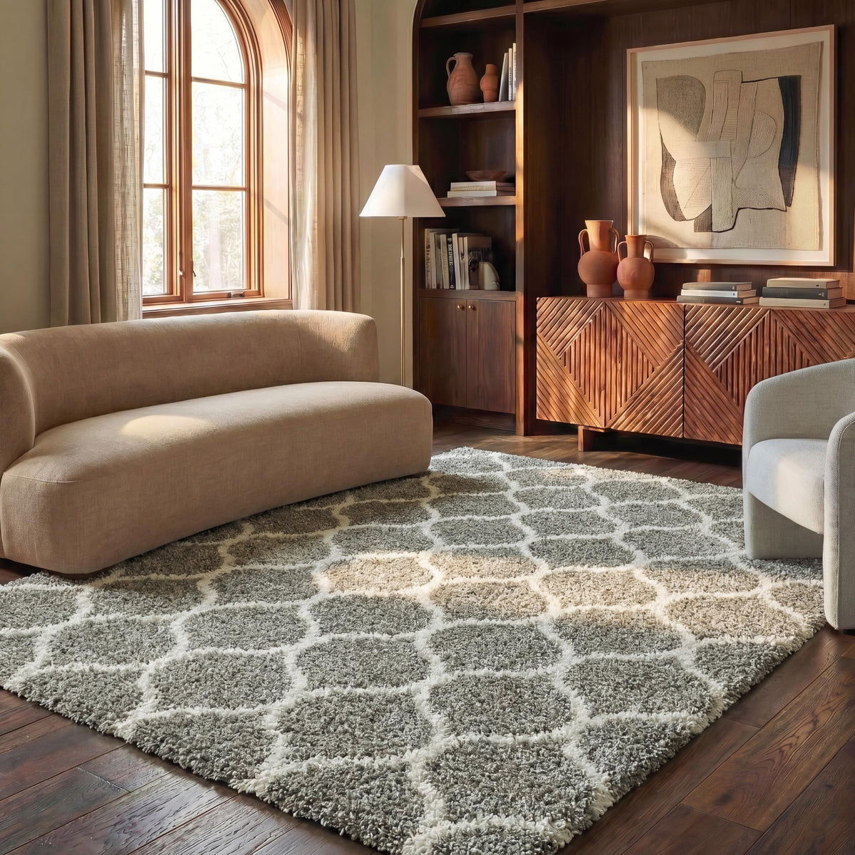 SAFAVIEH Hudson Shag Collection 9' x 12' Grey/Ivory SGH280B Moroccan Ogee Trellis Non-Shedding Living Room Bedroom Dining Room Entryway Plush 2-inch Thick Area Rug