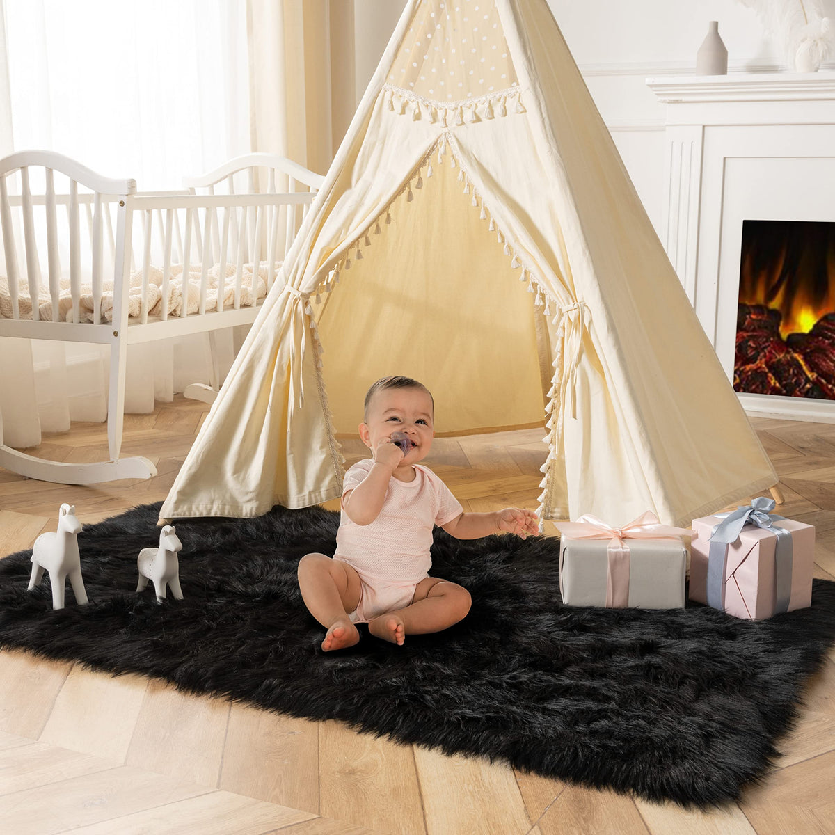 Ashler Faux Fur Rug, White, 2 x 6 Ft, Machine Washable