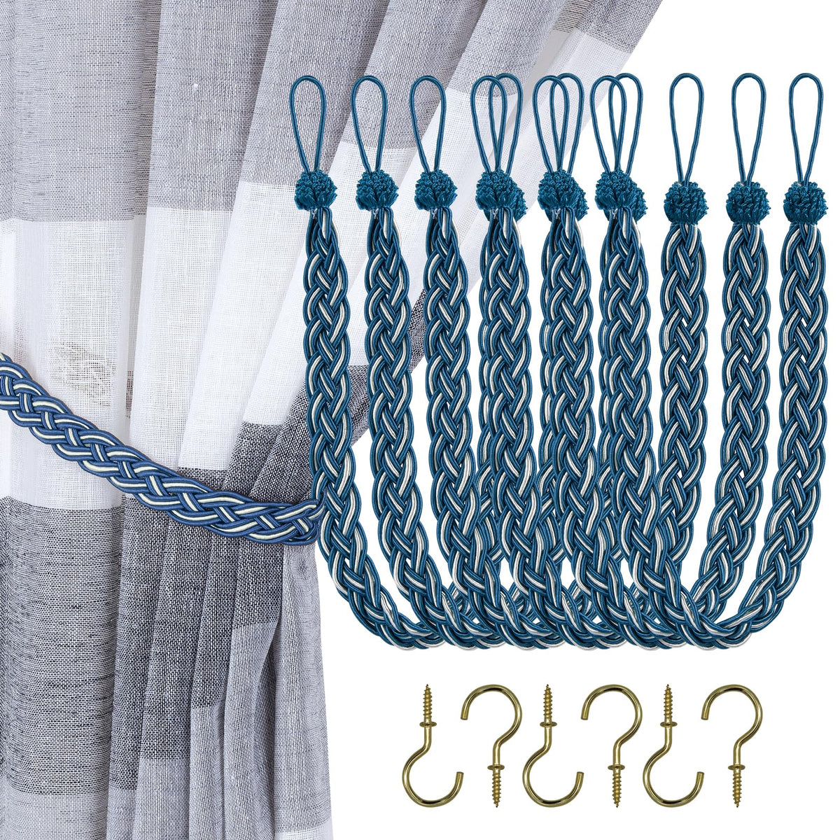 Home Queen Handwoven Rope Curtain Tiebacks for Drapes, 2 Pack Rope Holdbacks with Hooks, 23 Inch Long Polyester and Cotton Braided Tie Backs for Thick and Sheer Curtains,Navy and Silver