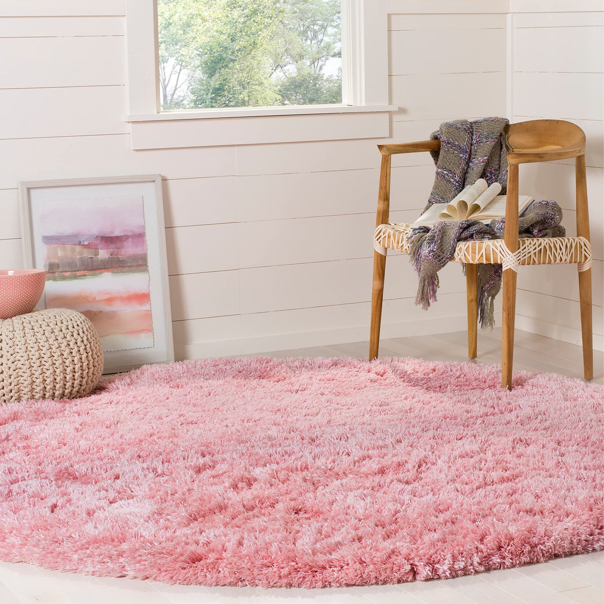 SAFAVIEH Polar Shag Collection Area Rug - 4' Round, Light Beige, Solid Glam Design, Non-Shedding & Easy Care, 3-inch Thick Ideal for High Traffic Areas in Living Room, Bedroom (PSG800A)
