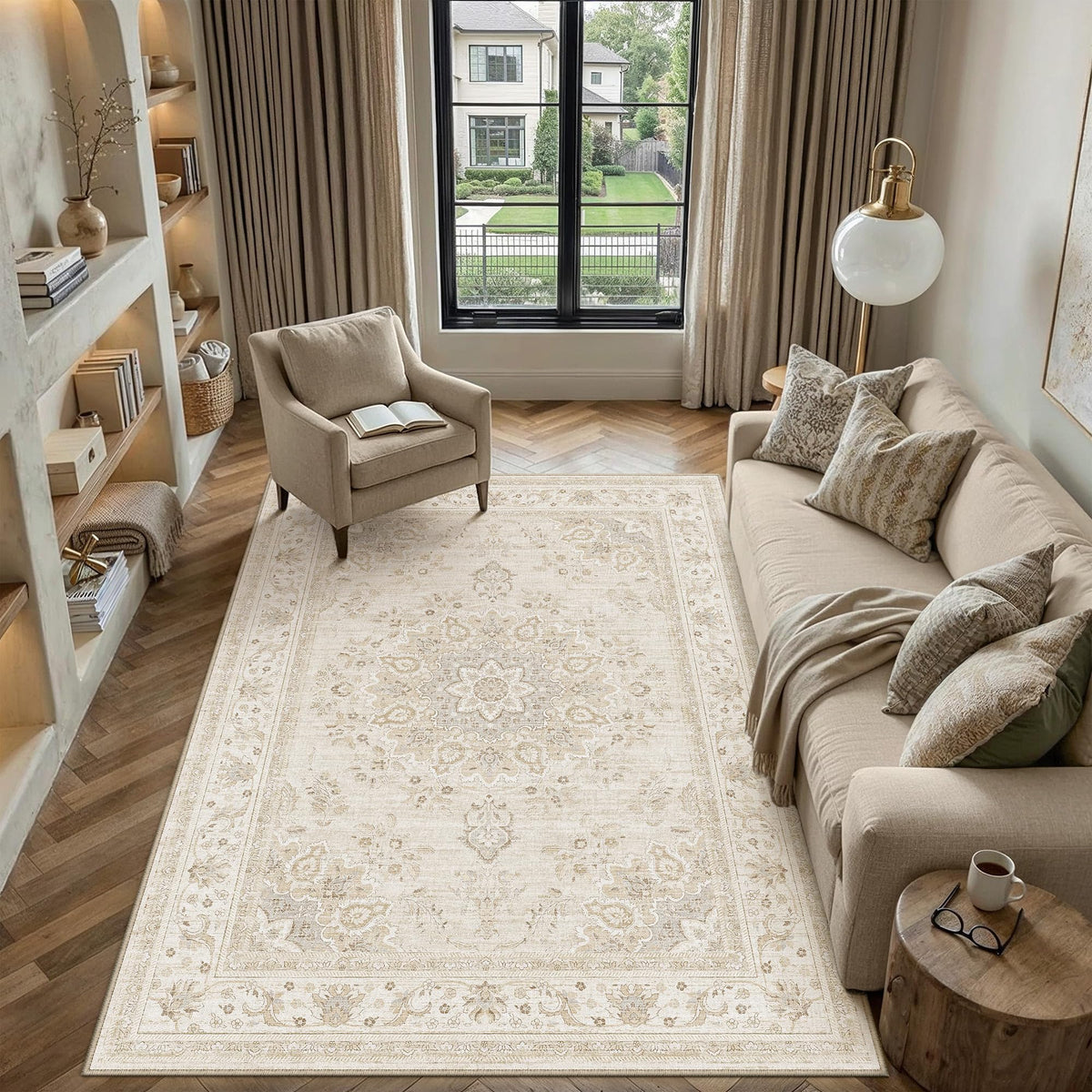 PureCozy 8x10 Neutral Area Rug Living Room Ivory Beige Vintage Medallion