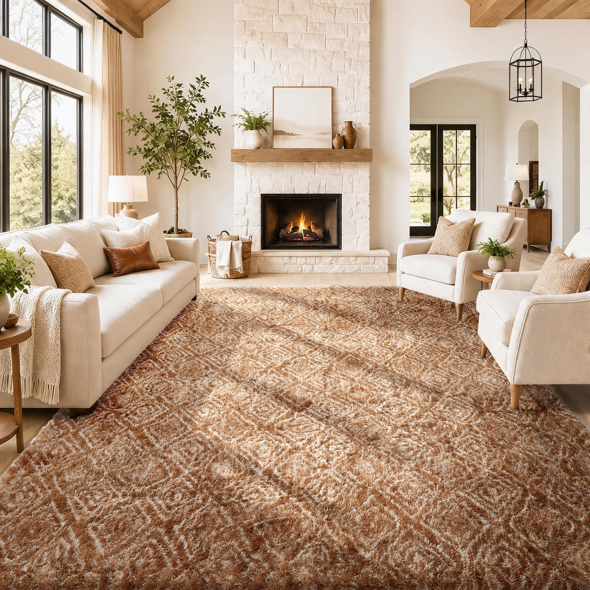 Ophanie 8x10 Area Rugs for Living Room, Washable Non-Slip Fluffy Soft Large Shag Bedroom Carpet, Ivory Big Indoor Nursery Rug, Carpets for Boy and Girls Room Dorm Decor with Over 99 pcs Pile fibers