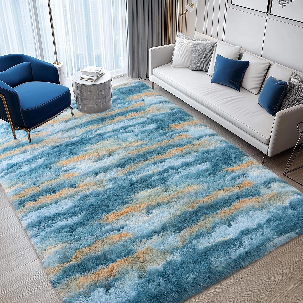 8x10 Abstract Blue Fluffy Rug for Bedroom Living Room Washable Non-Slip