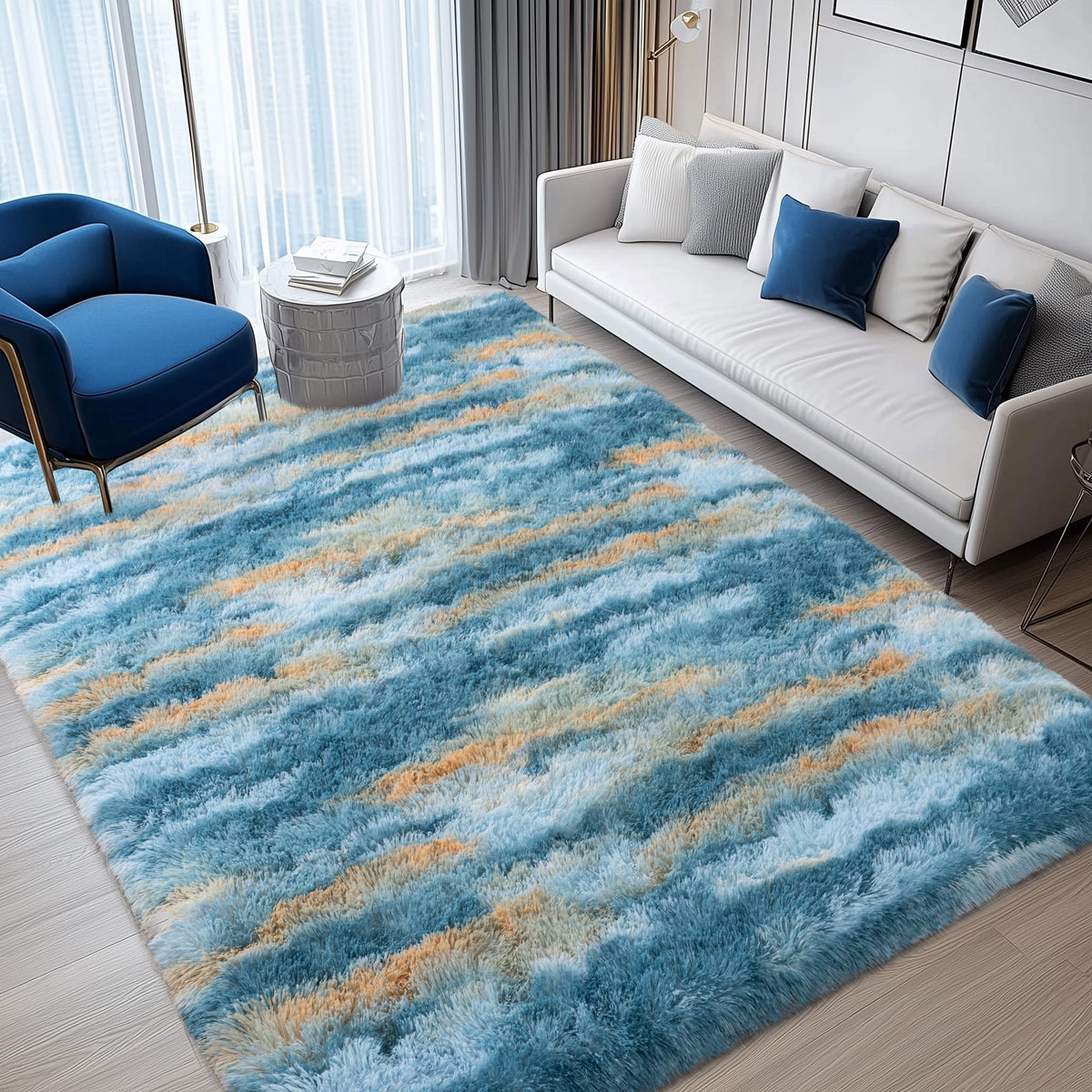 8x10 Abstract Blue Fluffy Rug for Bedroom Living Room Washable Non-Slip