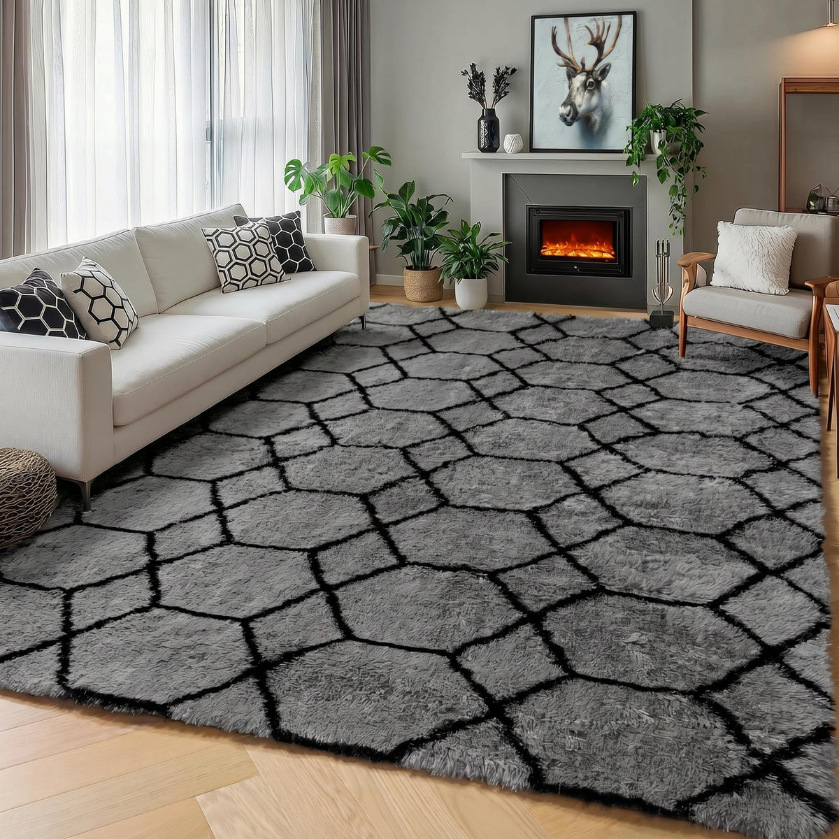 Area Rugs for Living Room Bedroom, 5x8 Fluffy Tie-Dyed Light Grey Shag Rug