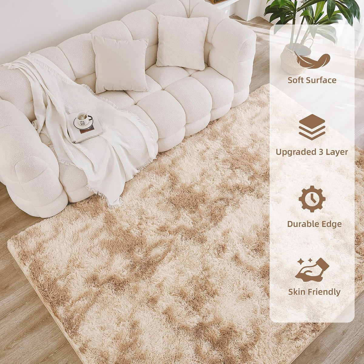 Litanika 5x8 Shag Area Rug for Bedroom, Tie-Dyed Beige Plush Rug