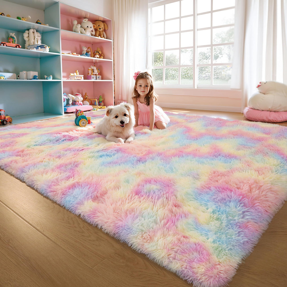 KICHOWUA 4x6 Fluffy Fuzzy Kids Shag Rainbow Rug for Girls Bedroom Playroom