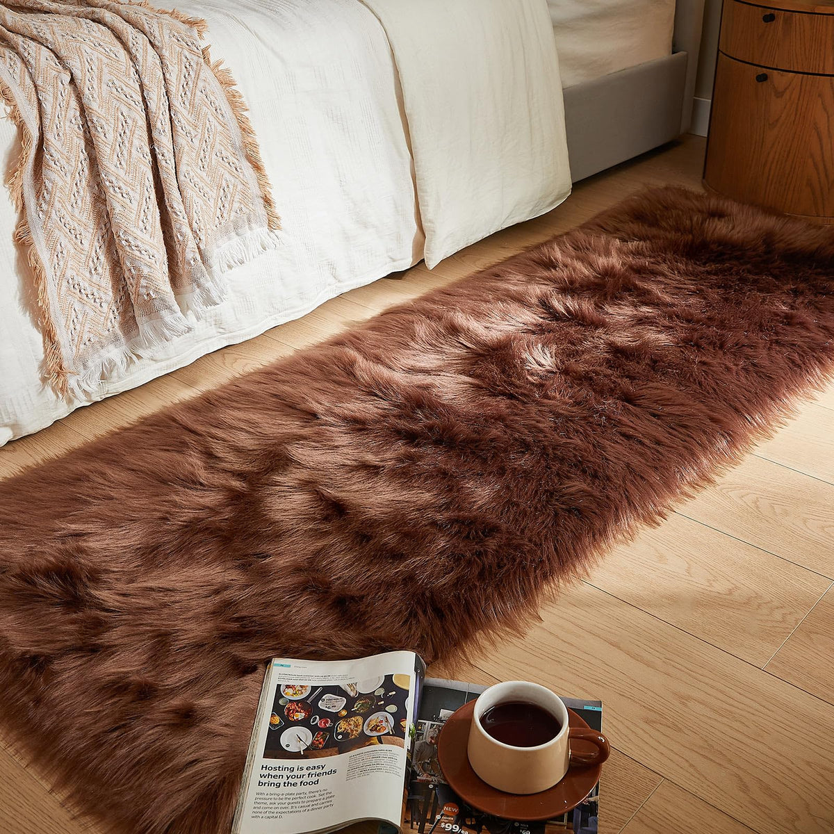 AMTOVO Faux Sheepskin Rug, Beige Ultra Soft Fluffy Shag Area Rug, 2 x 6 ft Faux Fur Rug for Bedroom Sofa Throw Cushion Room Decor, Sheepskin