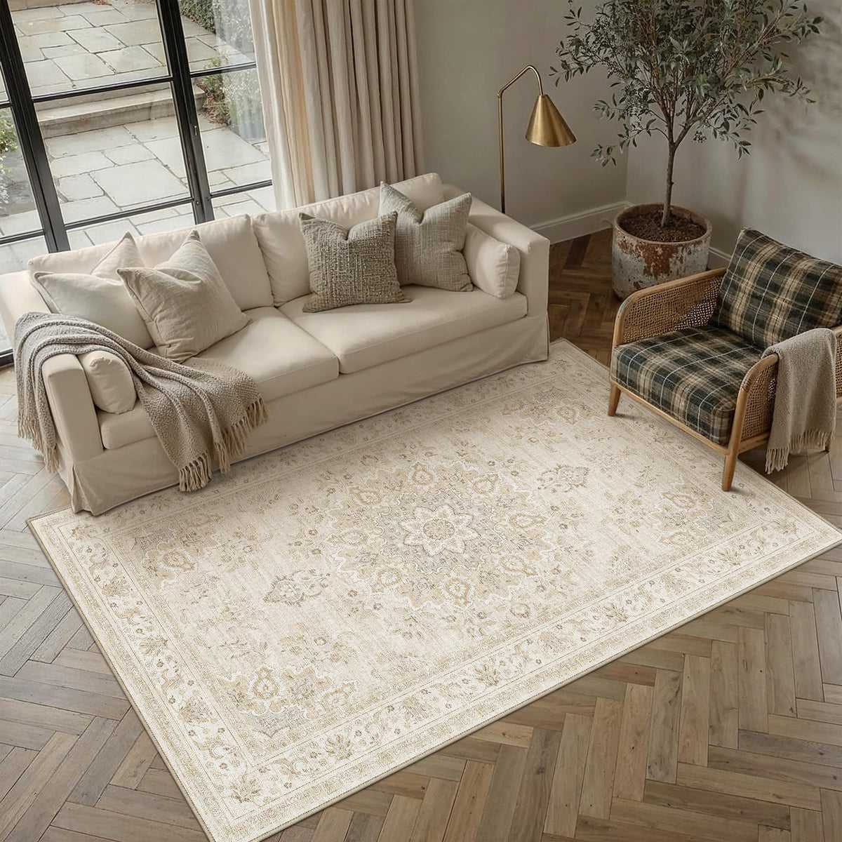 PureCozy 8x10 Neutral Area Rug Living Room Ivory Beige Vintage Medallion