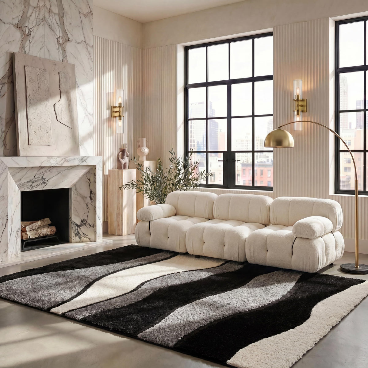 SAFAVIEH Florida Shag Collection Area Rug - 6' x 9', Ivory & Grey, Abstract Design, Non-Shedding & Easy Care, 1.2-inch Thick Ideal for High Traffic Areas in Living Room, Bedroom (SG475-1180)