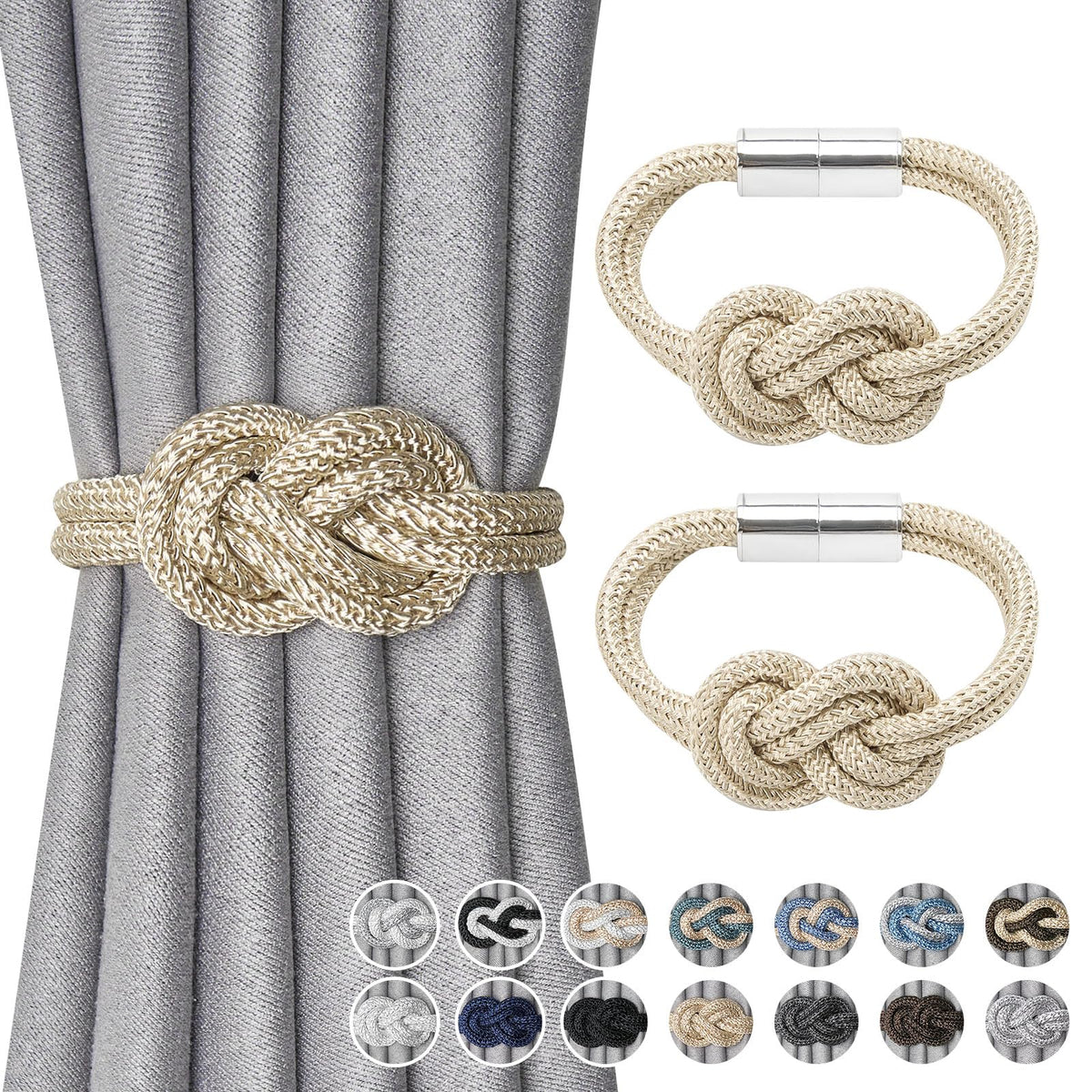 NICEEC 2 Pack Mini Magnetic Curtain Tiebacks Nordic Simple Style Drape Tie Backs Elegant Hand Weave Rope Knot Decorative Curtain Holdbacks for Home & Office Thin Window Drapery (Silver Grey)