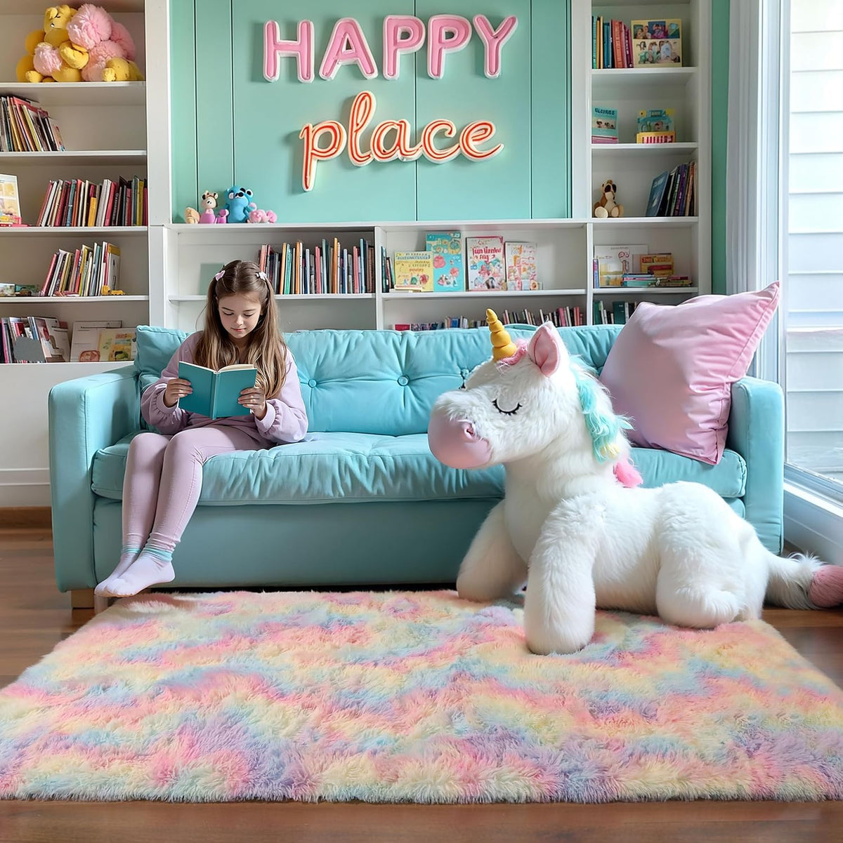 KICHOWUA 4x6 Fluffy Fuzzy Kids Shag Rainbow Rug for Girls Bedroom Playroom